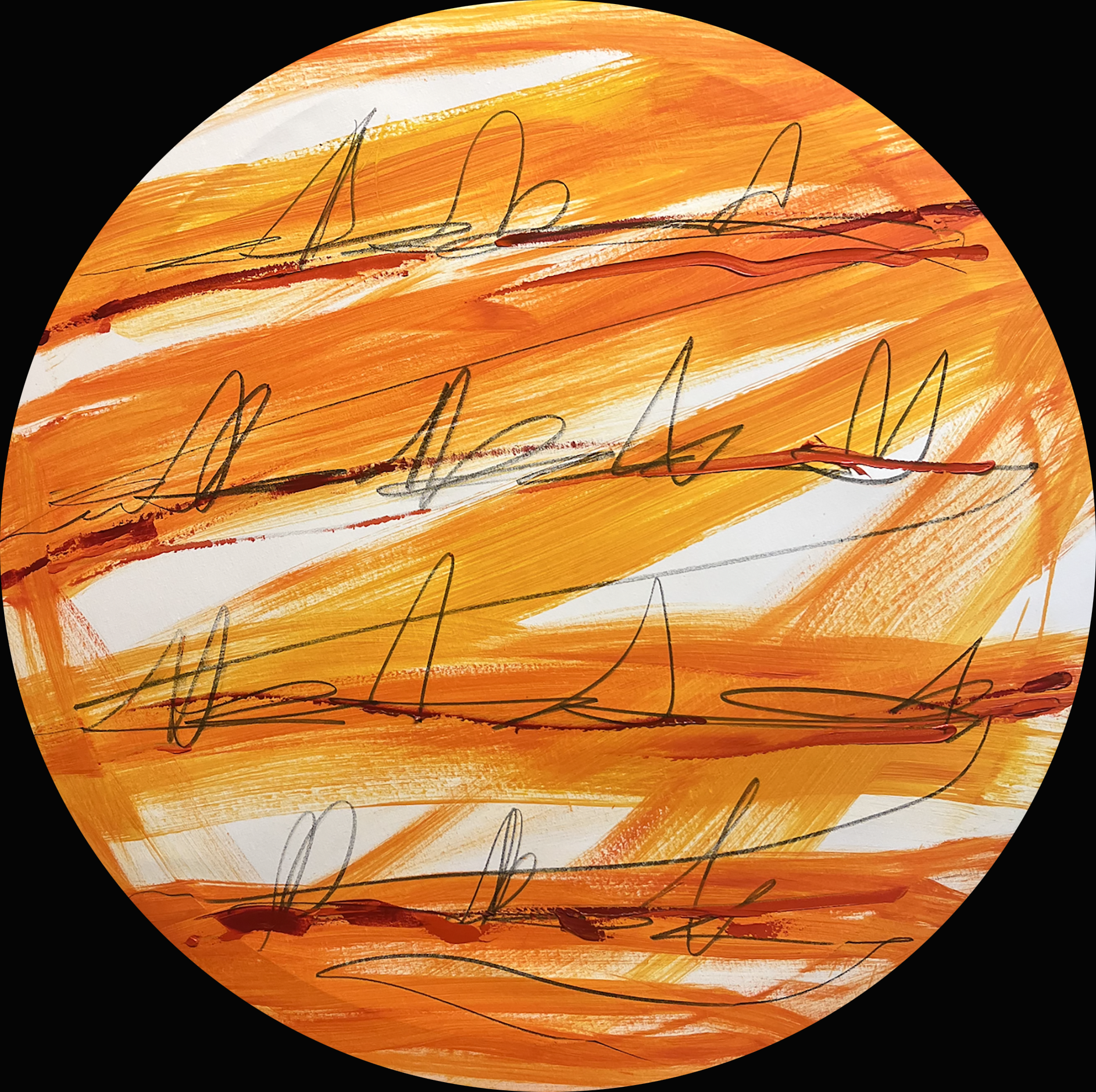 Tracce su sole arancione II — Fabio Ramagnano, 2022–2026, Oil and 14B pencil on canvas
